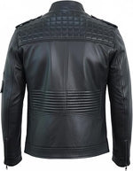 Black leather jacket with quilted shoulder design on a white background