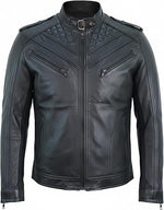 Black leather jacket with quilted design on a white background