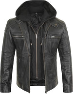 Black leather jacket with a hood on a white background