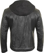 Black leather jacket with a hood on a white background
