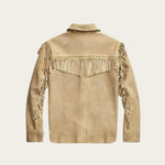 Beige suede jacket with fringe details on a beige background