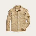 Beige suede jacket with fringes on a light beige background