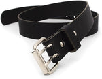 Black leather belt with a silver buckle on a white background