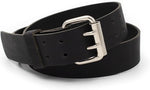 Black leather belt with a silver buckle on a white background