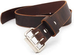 Brown leather belt with a silver buckle on a white background