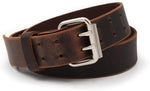 Brown leather belt with a silver buckle on a white background