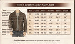 Men's leather jacket size chart with measurements and a mannequin wearing a jacket.