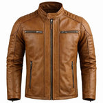 Brown leather jacket with zippers on a white background