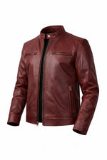 Men's Burgundy Leather Jacket – Slim Fit Moto Café Racer Leather Jacket
