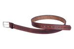 Brown leather belt with silver buckle on a white background