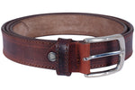 Brown leather belt with a silver buckle on a white background