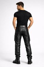 Mens black leather cargo pants by Rustic Leathers back view male model grey background
