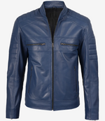 Blue leather jacket on a white background