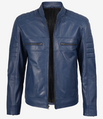 Blue leather jacket on a white background