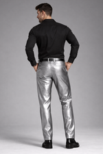 Mens silver leather dress pants by Rustic Leathers front view male model grey background metallic leather trousers