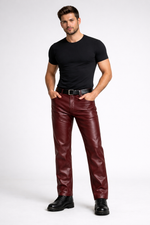 Mens straight leg burgundy leather pants by Rustic Leathers front view male model grey background