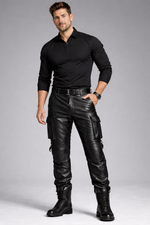 Mens tactical leather pants by Rustic Leathers front view male model grey background utility leather cargo pants