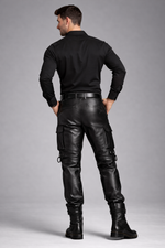 Mens tactical leather pants by Rustic Leathers back view male model grey background tactical leather trousers