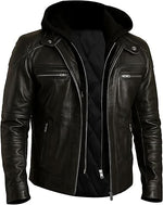 Black leather jacket with a hood on a white background