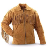 Brown suede jacket with fringes on a white background