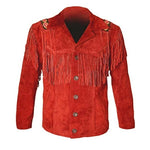 Red suede jacket with fringes and buttons on a white background