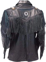 Black leather jacket with fringe and decorative elements on a white background