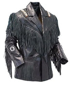 Black leather jacket with fringes and decorative elements on a white background