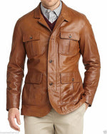 Brown leather jacket worn by a person on a white background