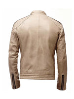 Beige leather jacket shown from the back on a white background