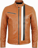 Men’s Leather Motorcycle Stripe Jacket – Cafe Racer Jacket with Snap Tab Collar