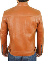 Men’s Leather Motorcycle Stripe Jacket – Cafe Racer Jacket with Snap Tab Collar