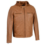 Brown leather jacket with a hood on a white background