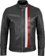 Men’s Leather Motorcycle Stripe Jacket – Cafe Racer Jacket with Snap Tab Collar