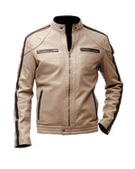 Beige leather jacket with black accents on a white background