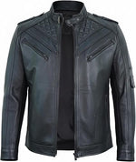 Black leather jacket with quilted design on a white background
