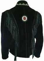 Black leather jacket with fringes and a decorative emblem on a white background