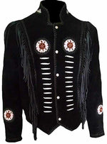 Black jacket with fringes and decorative elements on a white background