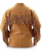 Brown suede jacket with fringes on a white background