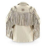 Beige leather jacket with fringe details on a white background