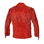 Red suede leather jacket with fringes on a white background