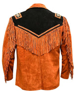 Brown leather jacket with fringes and black accents on a white background