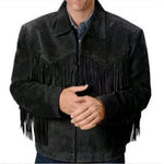Black suede jacket with fringes on a white background