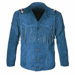 Blue suede jacket with fringes and buttons on a white background