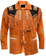 Brown suede jacket with fringes and decorative elements on a white background