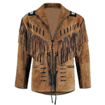 Brown suede jacket with fringes and decorative elements on a white background