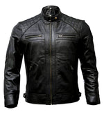 Black leather jacket with quilted design on a white background