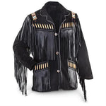 Black fringed jacket with decorative elements on a white background