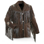 Brown suede jacket with fringes on a white background