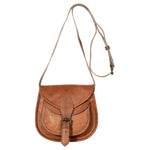 Brown leather shoulder bag with a strap on a white background