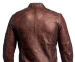 Brown leather jacket shown from the back on a white background